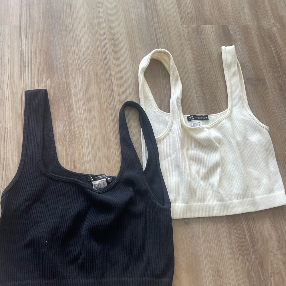 Zara Black and White Cropped Ribbed Tank Tops